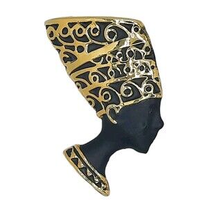 Vintage Egyptian Queen Nefertiti Bust Black Enamel Gold Tone Brooch Pin XLNT